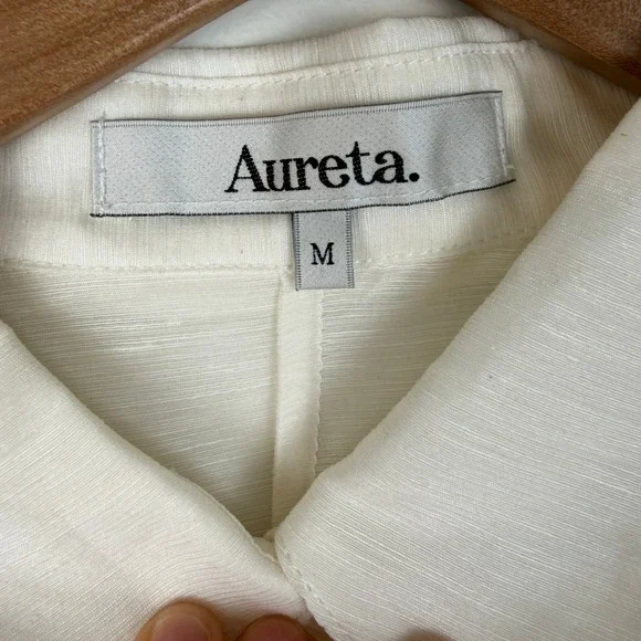 Aureta Linen Silk Puff Sleeve Blouse Women Medium Ivory Statement Button Down - Picture 2 of 10